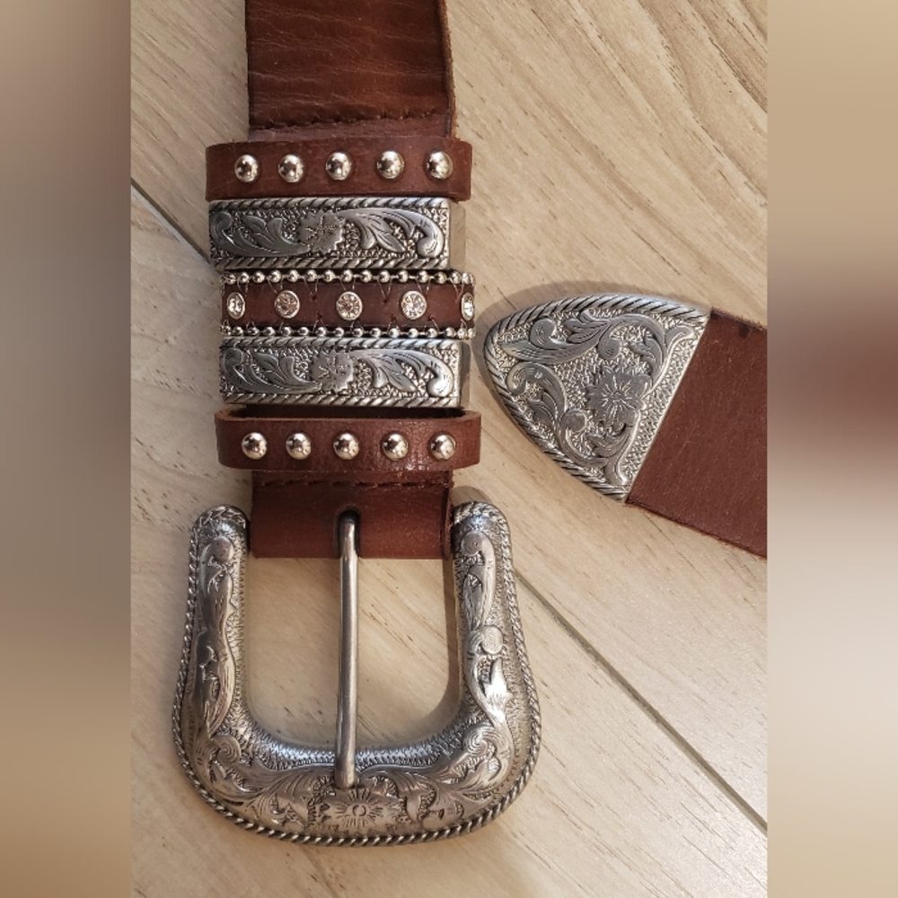 Nocona Brown Leather Belt with Decorative Silver Buckle and Studs